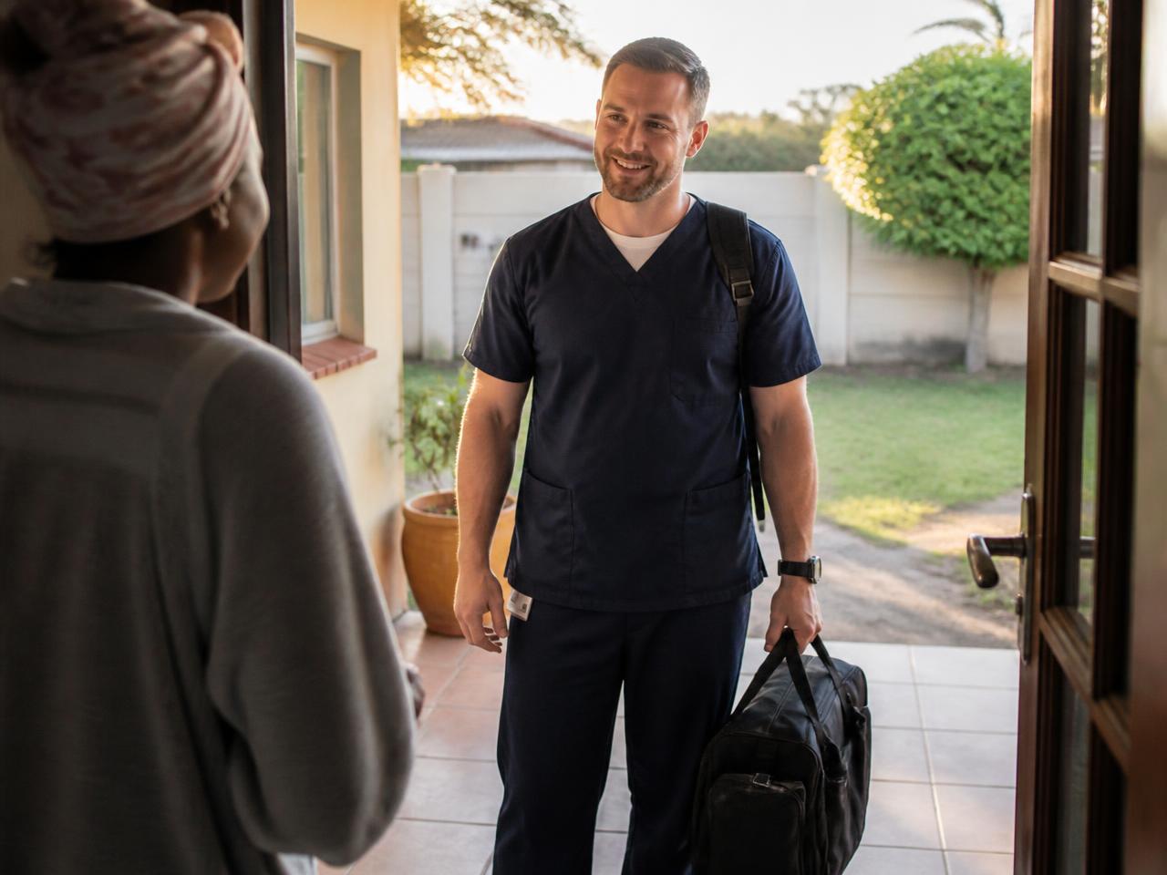 Mobile nurse arriving at a client's home with a nursing kit