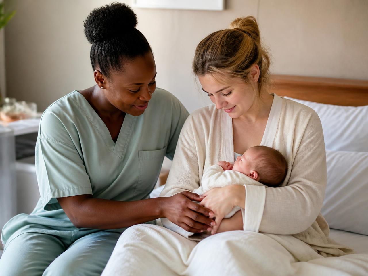 Nurse supporting a new mother with her newborn baby