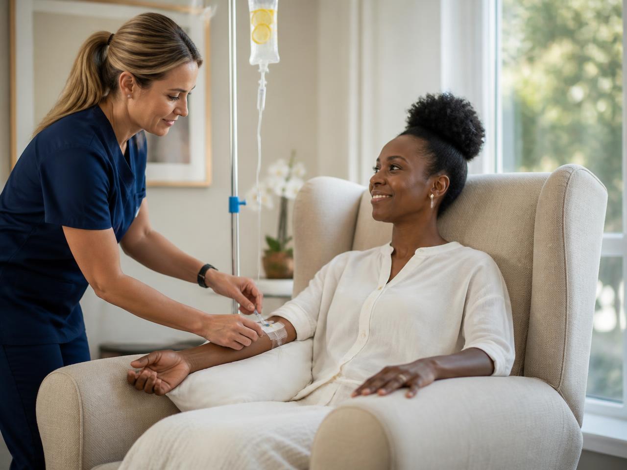 Client receiving a vitamin wellness drip at home
